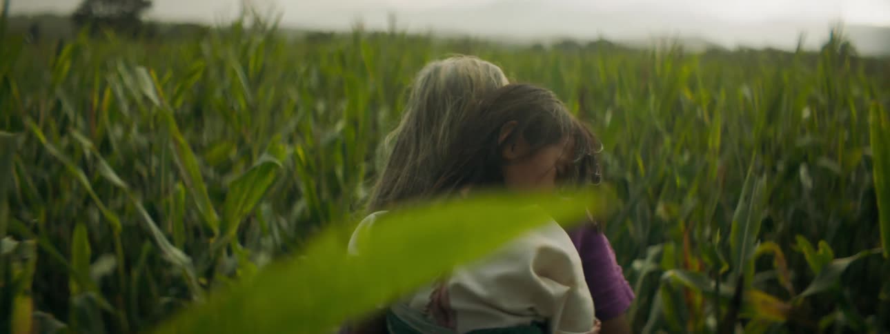 A woman walking in a cornfield with a girl on her back with the sky and clouds in the background