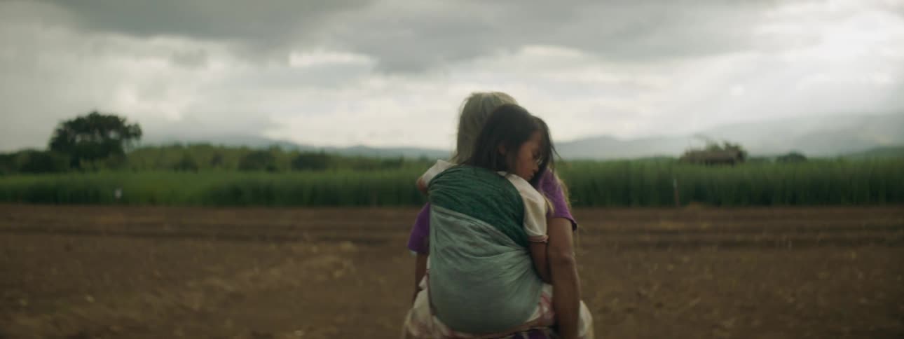 A woman is carrying a child towards farmland