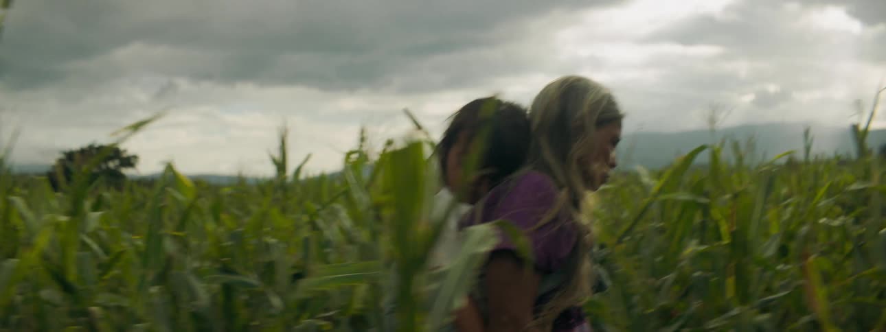 An elderly woman carries a child on her back as she walks through a field of tall grass on a cloudy day