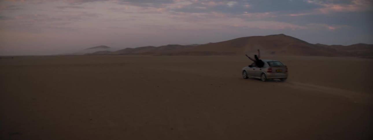 A person hangs out the window of the driving car