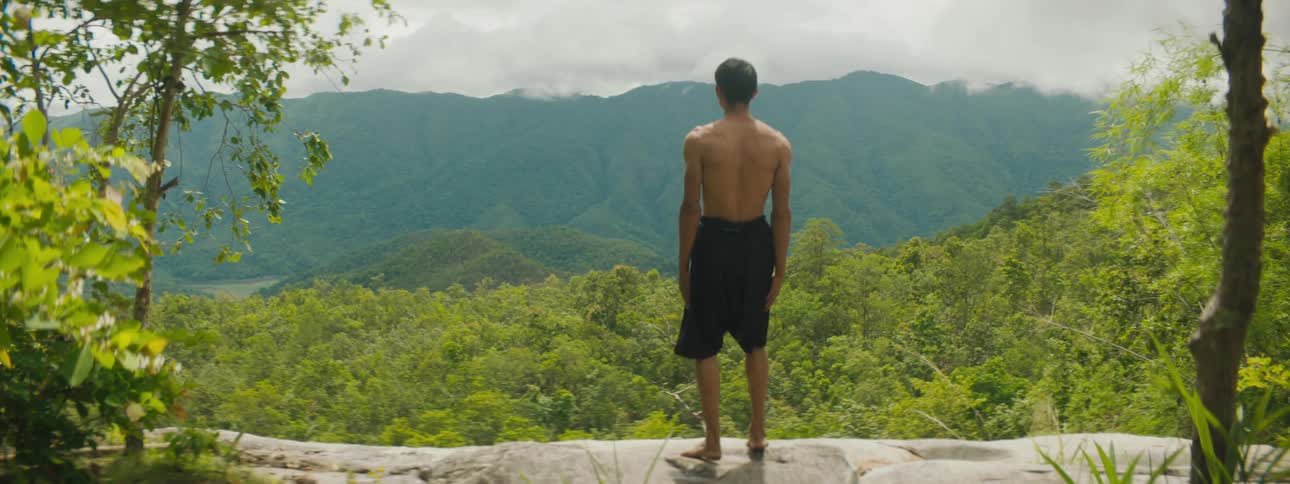 A teenage boy runs to the edge of a cliff and looks at the forest below and then turns around and looks back