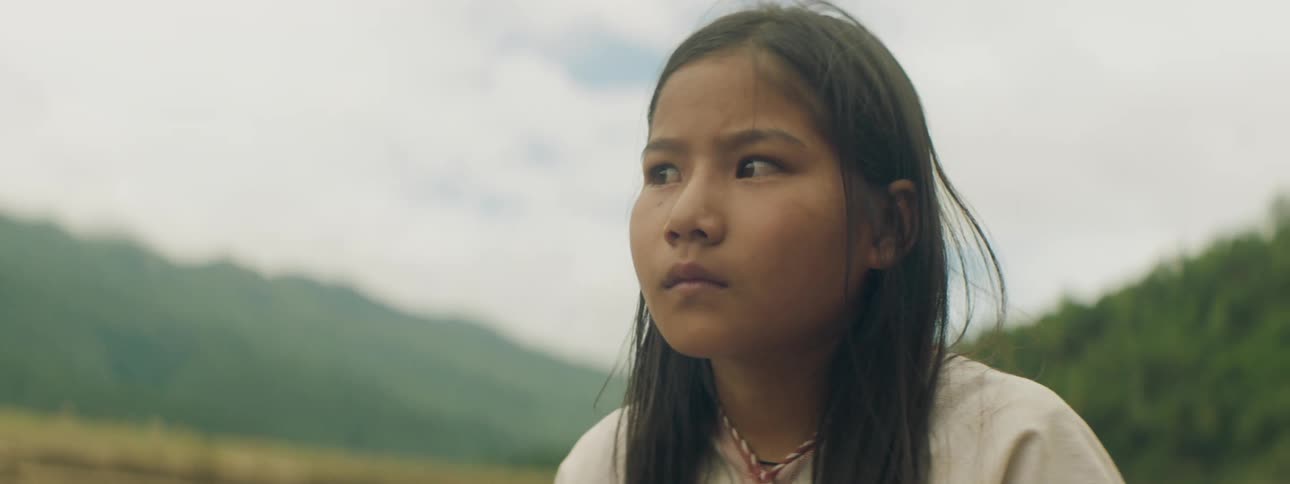 Young asian girl riding on a vehicle and gazing at the mountainous countryside while passing a field