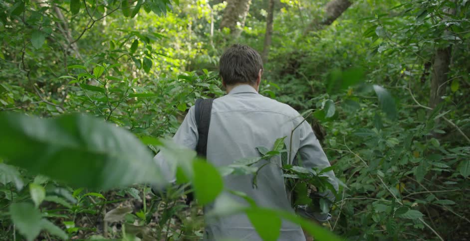 A man is hiking through the woods carrying a camera