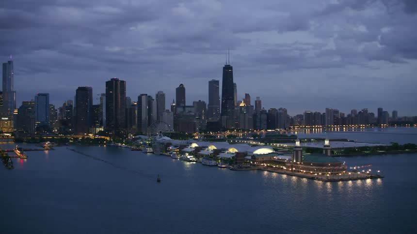 Docks on the coast of metropolis on a cloudy evening