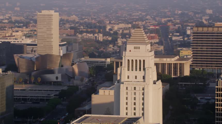Aerial view of skyscrapers on the city skyline at morning
