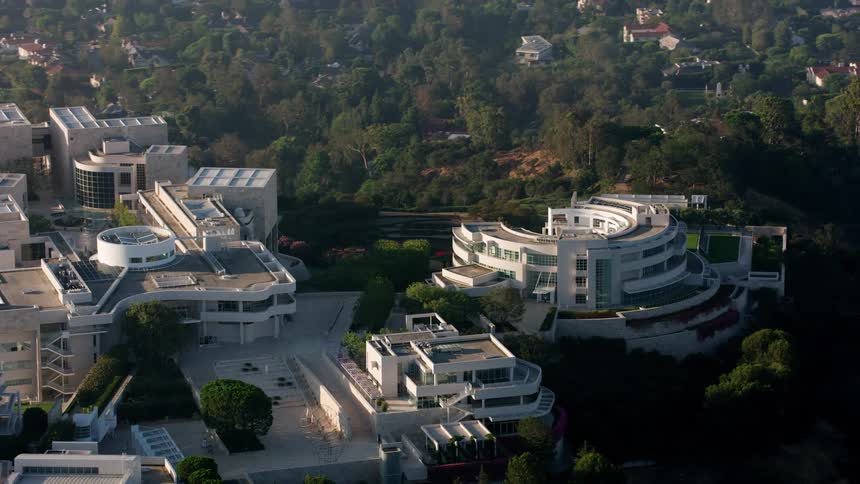 The j paul getty museum buildings and gardens on hill overlooking los angeles