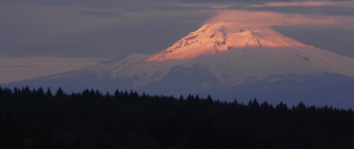 A tall mountain is high above the forested mountains and is covered in ice