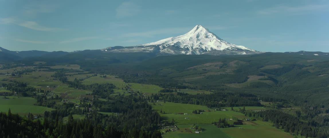 Through a forest of trees and over a valley the sun shines on a snow covered mountain with a peak high in the sky