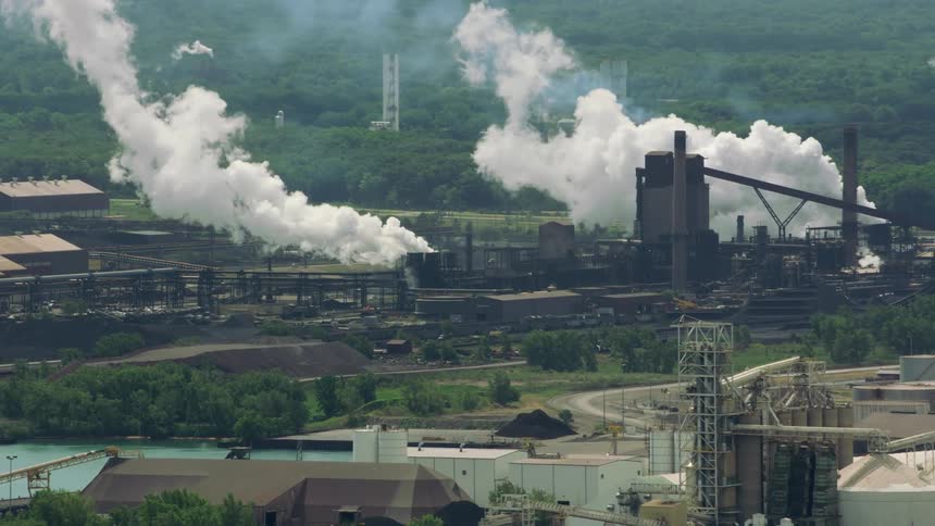 There is white smoke coming out of factory smoke stacks and cranes are along the water as production continues