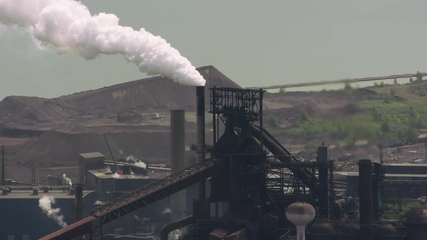 Heavy smoke is released from a chimney at a factory