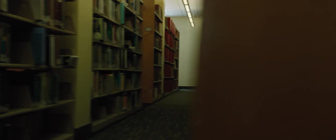 A person is walking through a library during midday