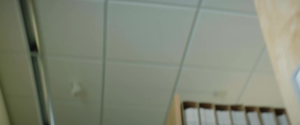 White drop ceiling sits over rows of bookshelves in library