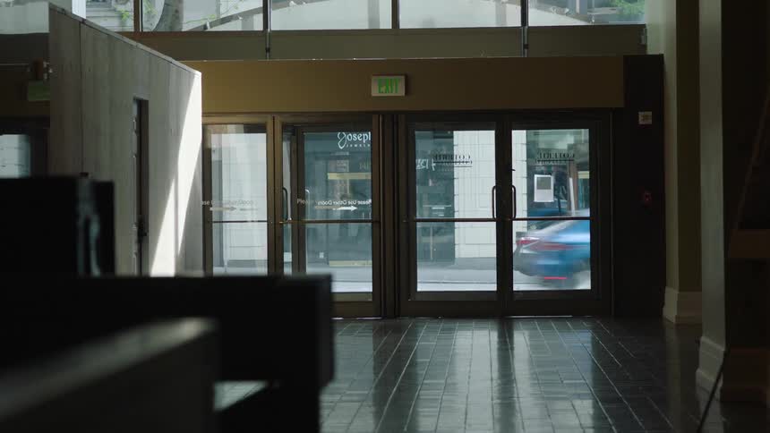Hotel door seen from hotel lobby