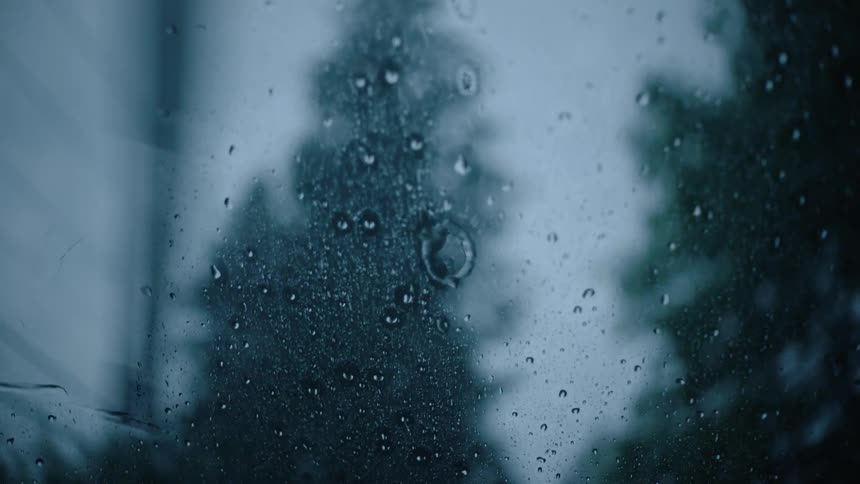 Windshield wipers clear the rain off as a car travels