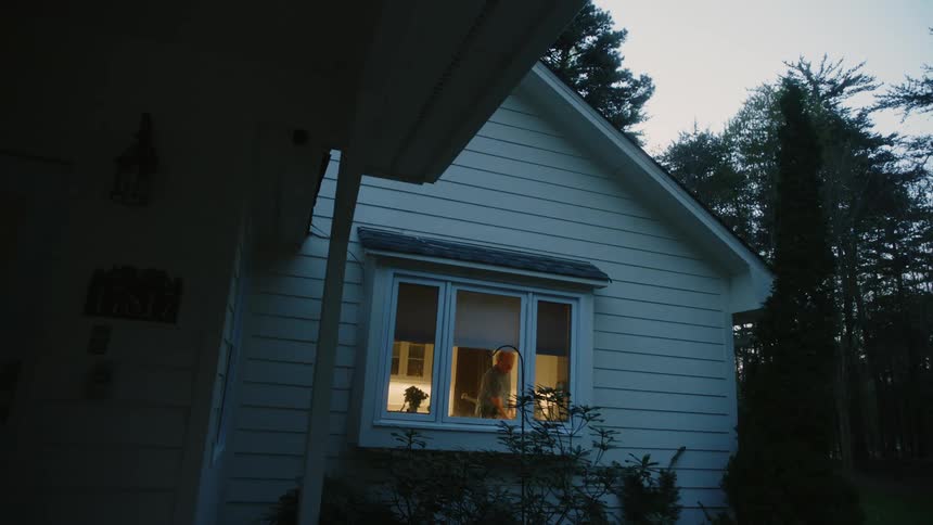 A person is walking near a window in their house
