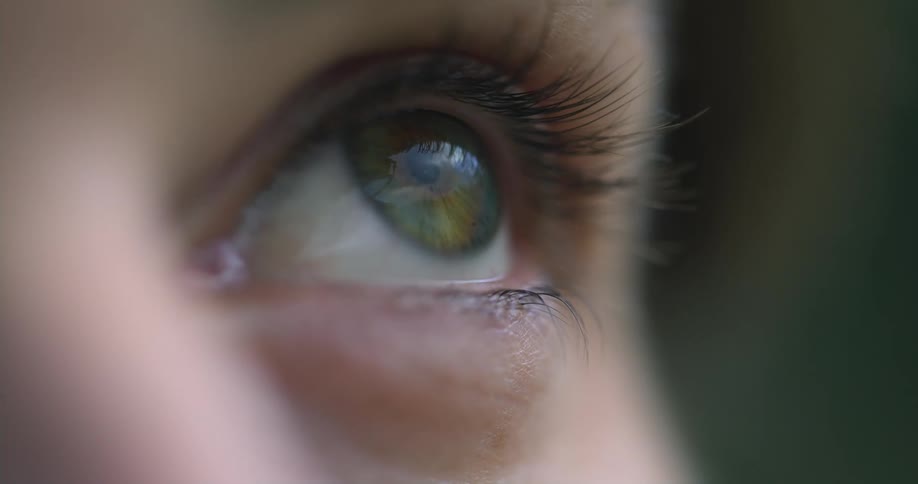Close up of the eye of a woman looking around outdoors