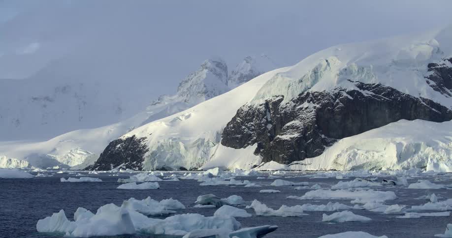 Pieces of ice are floating in the water in front of snow covered mountains