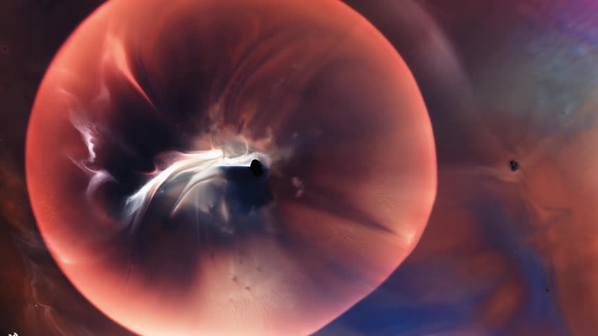 A bright bubble glows in a purple and pink environment and grows into an organic sphere with lifelike motion