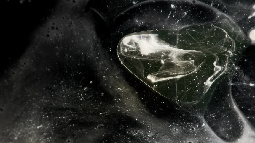 A wispy white cloud in a bubble of liquid on a black shimmering background