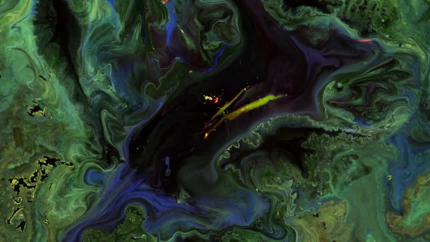 Visual effect of a moving chaotic cloud of colorful liquid ink flowing in streaks and slow waves