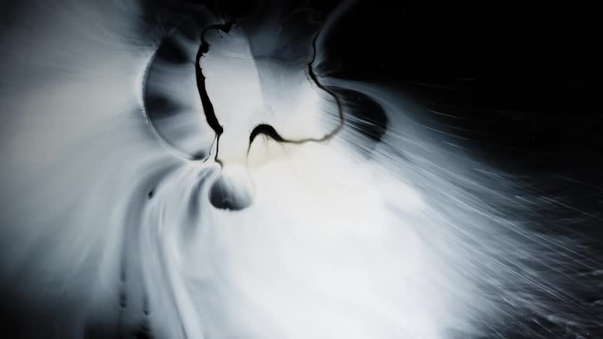 Visual effect of a moving cloud of black and white liquid ink flowing in slow waves