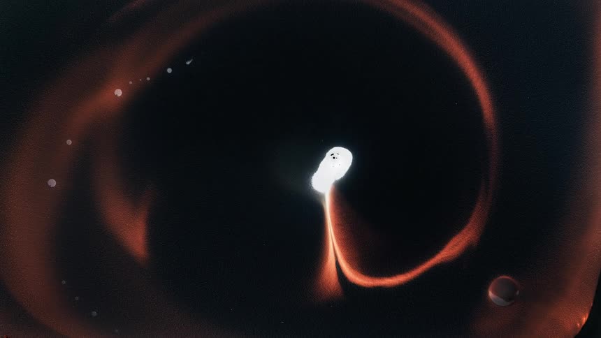 A bright object slow spins and emits a deep orange glowing wisp that encircles the object in the darkness as small bubbles emerge