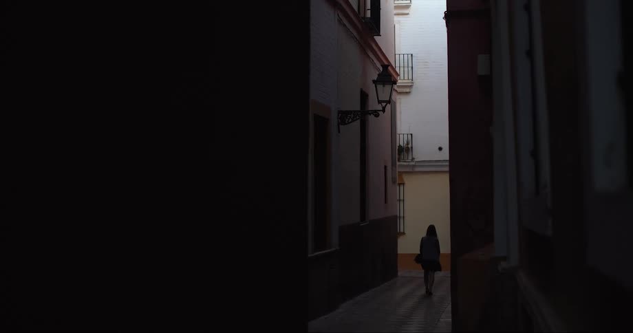 The silhouette of a woman walking through an alley in a village