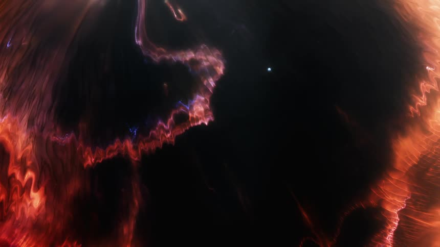 Illuminated organic forms in shades of red and orange are moving across the darkness