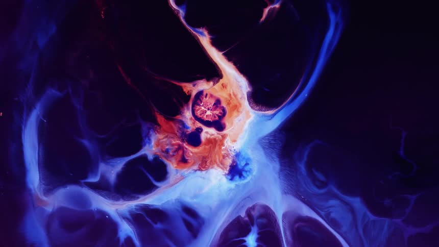 Visual effect of a moving chaotic cloud of colorful liquid ink flowing in streaks and slow waves