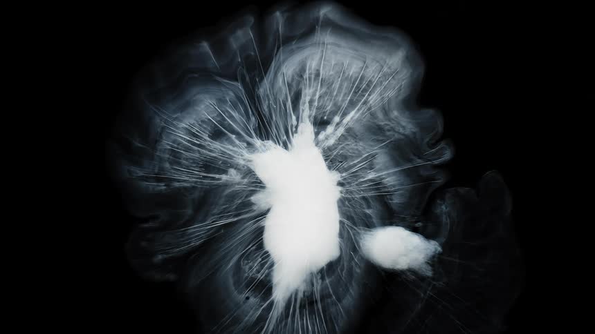 A white mass explodes and expands with wispy tendrils on a black background