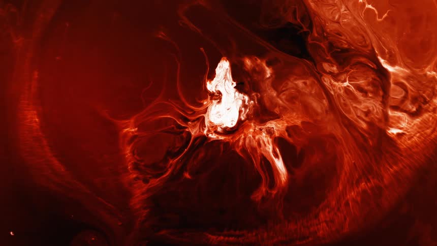 Visual effect of a moving cloud of dark red liquid ink with white streaks flowing in slow waves