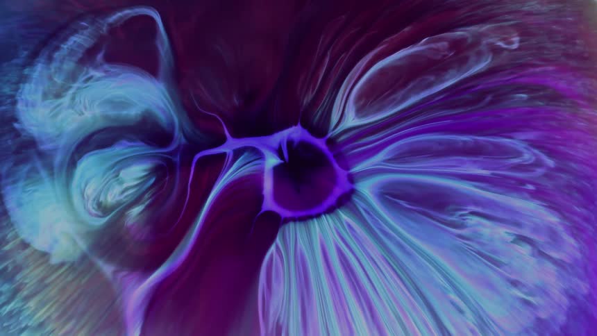Purple shoots out from a circular area and streaks into blues and magentas to form a pattern similar to a butterfly wing