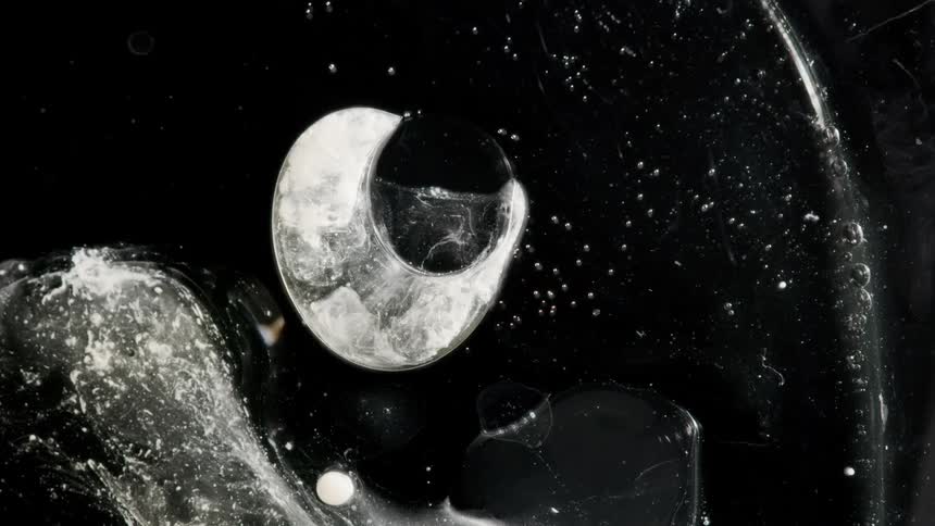 A white cloudy cell distorts and expands against black with bubbles popping and floating