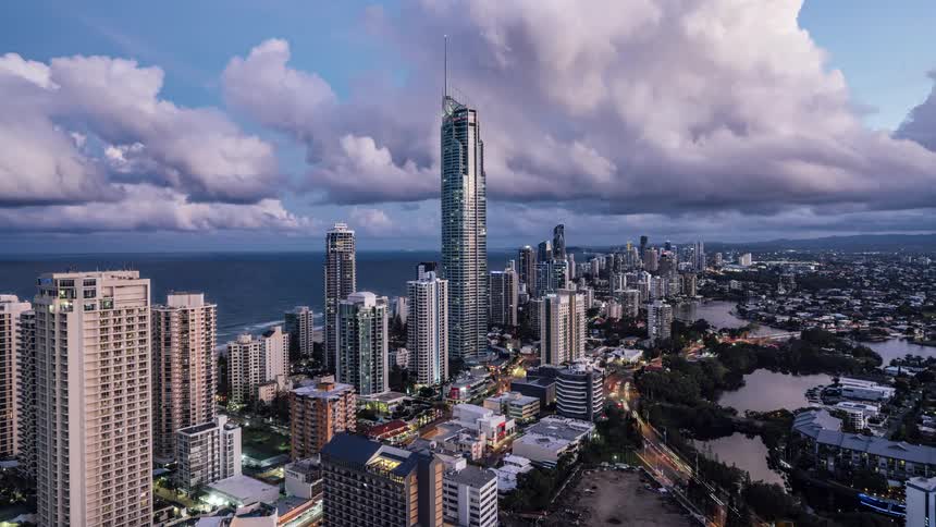 A timelapse of a city from day to night
