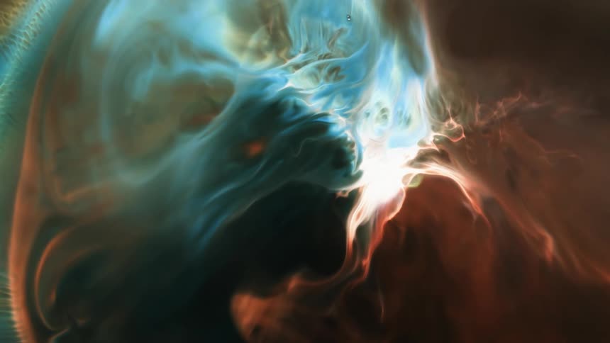 Visual effect of a moving cloud of dark ocher and blue liquid ink flowing in slow waves