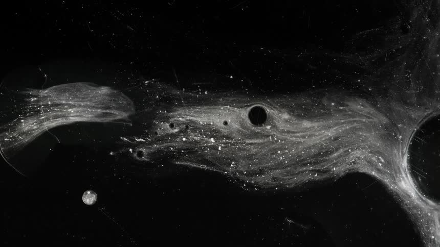A white fluid slowly moves and breaks apart against a black background