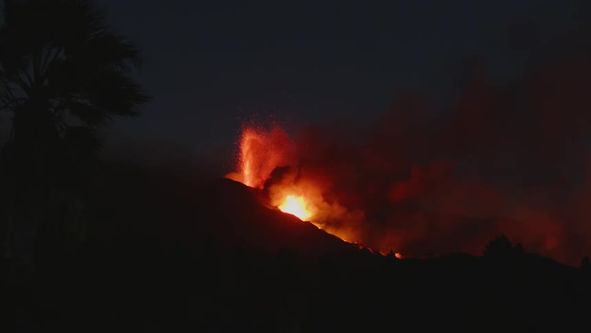 Volcano erupting spewing hot lava and smoke into the night sky