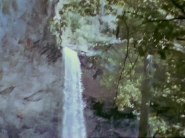 Water falls down cliff in woods