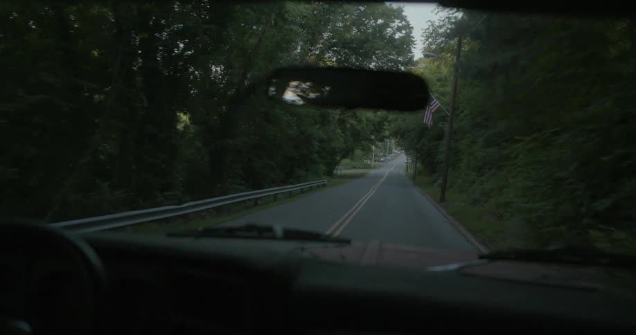 View from inside an automobile as it travels on a road surrounded by woods
