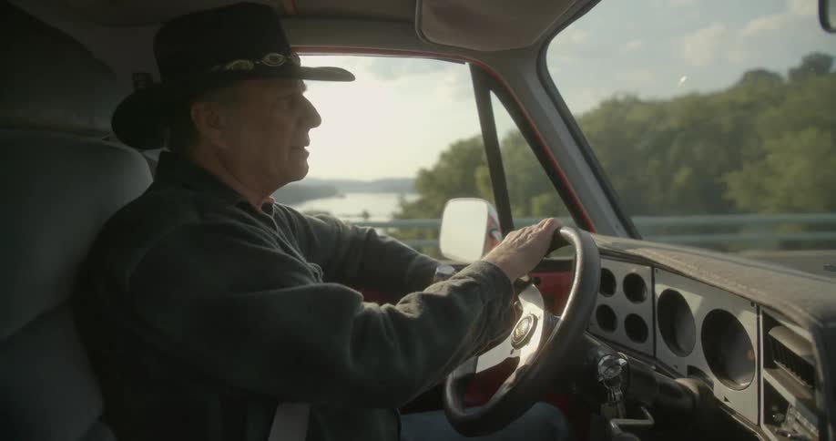 A man is driving his truck over a bridge on a river and through a forest