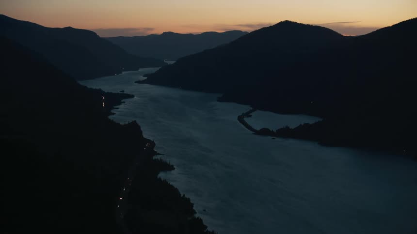 Fantastic blue hour Columbia River Gorge aerial shot looking straight down the Columbia River after the sun has gone down