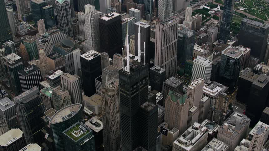 An aerial view of buildings out in a city