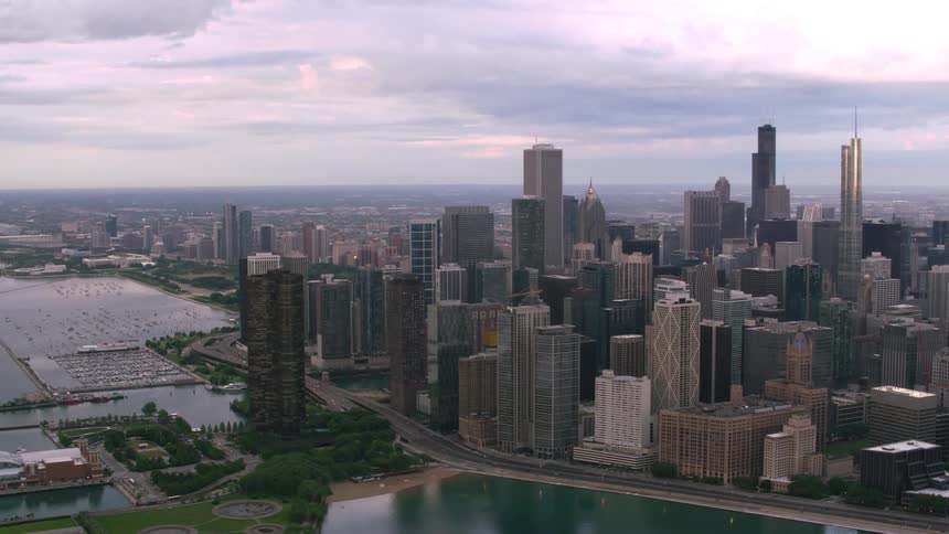 An aerial view of buildings and skyscrapers in a city