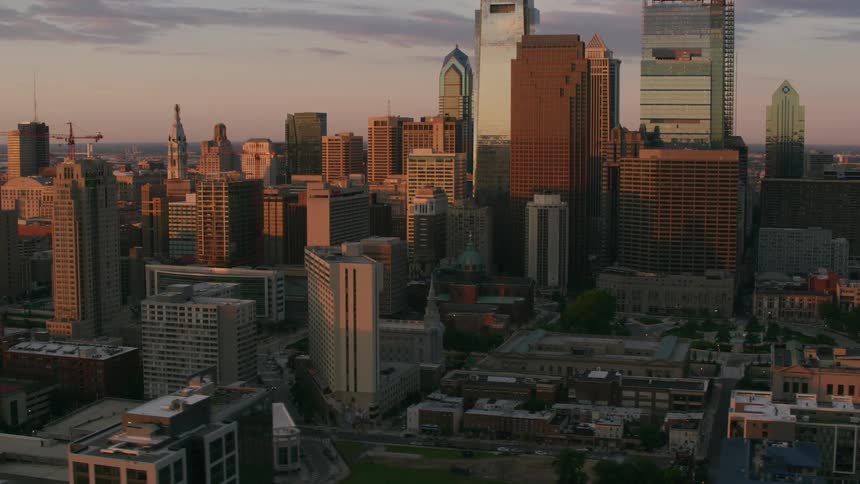 An aerial view of tall buildings in a city