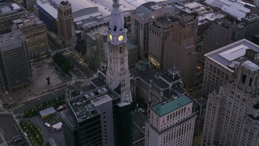 Aerail view of clock tower and high rise buildings in the city