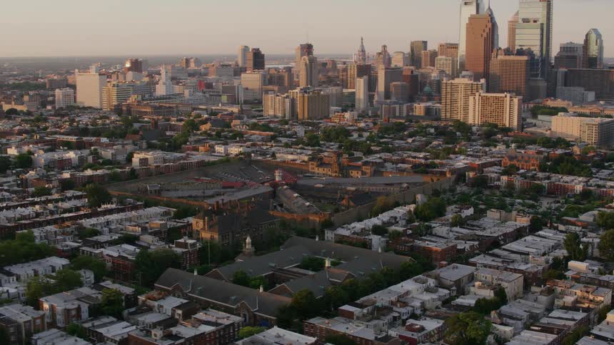 An aerial view of a city with tall buildings