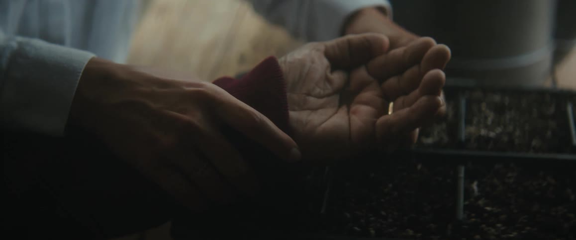 A woman pours plant seeds in to an elderly mans hand and helps him plant them