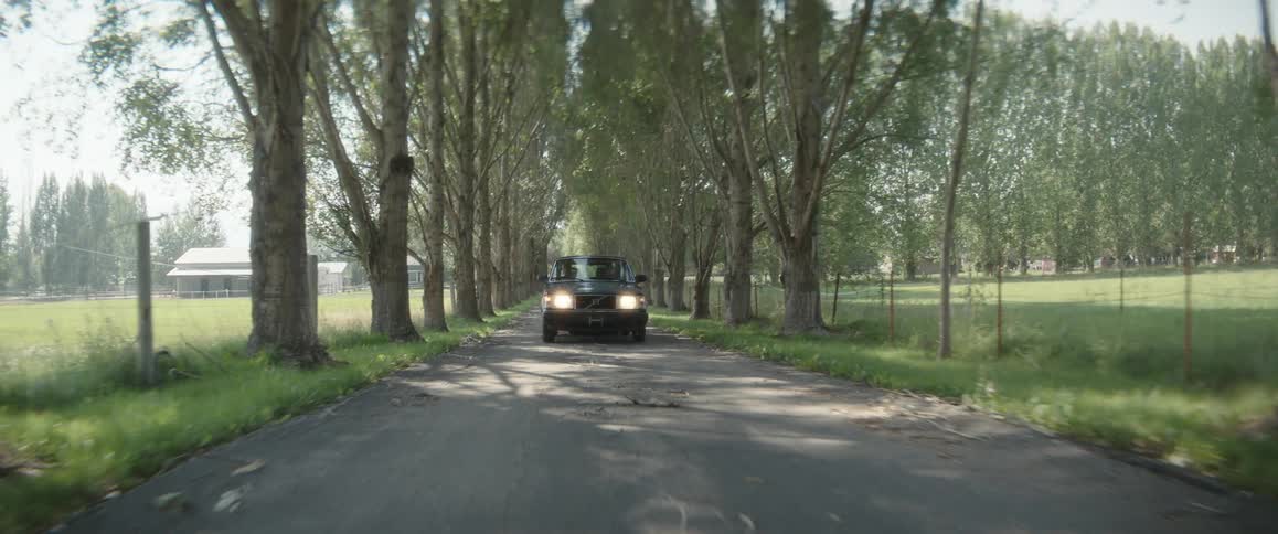 A car drives on a road under tall trees in a rural area