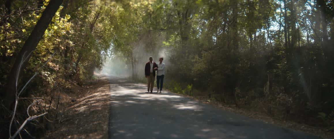 A young woman is holding the arm of an elderly man as they walk on a road through the woods
