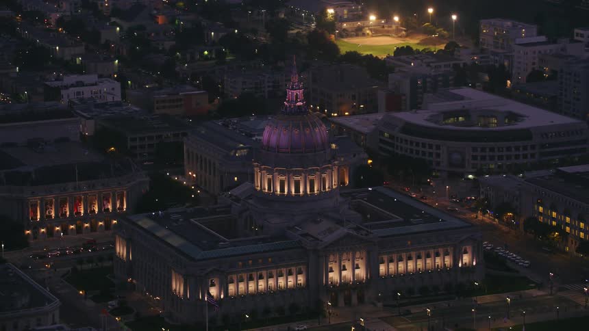 Aerial view of the capitol building lights at night